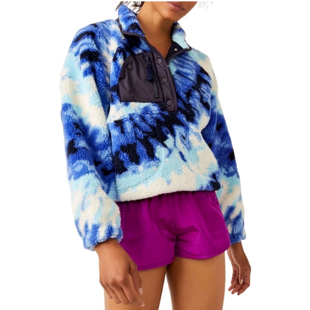 New Free People Rocky Ridge Oversized Pullover Fleece Jacket Blue Tie Dye